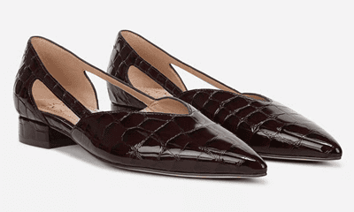 dark red croc effect flats with cutout sides and V-tapered vamp