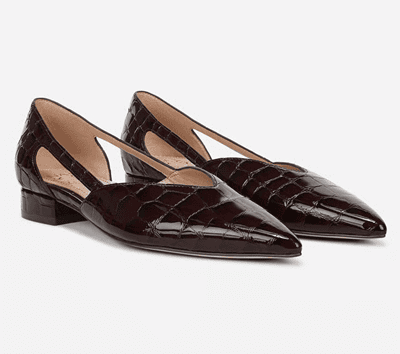 dark red croc effect flats with cutout sides and V-tapered vamp