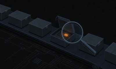 Illustration of tampered hardware wallet devices on a warehouse conveyor with a glowing implant chip