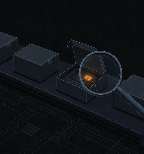 Illustration of tampered hardware wallet devices on a warehouse conveyor with a glowing implant chip