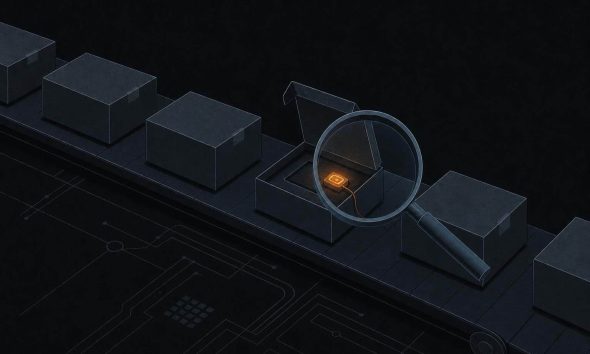 Illustration of tampered hardware wallet devices on a warehouse conveyor with a glowing implant chip