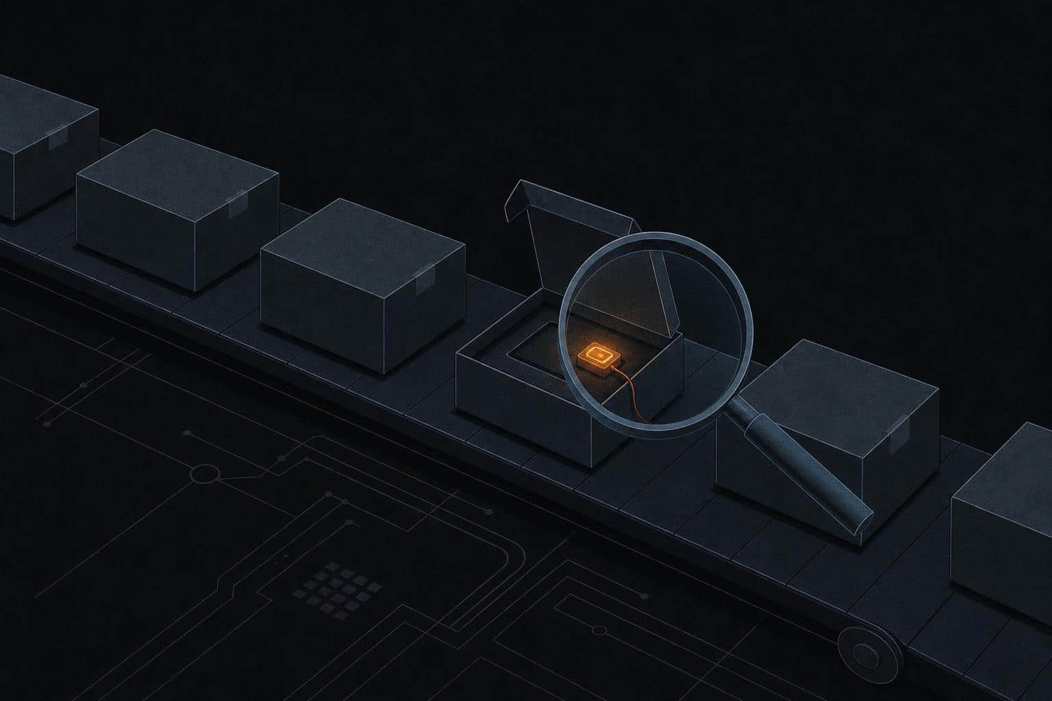 Illustration of tampered hardware wallet devices on a warehouse conveyor with a glowing implant chip