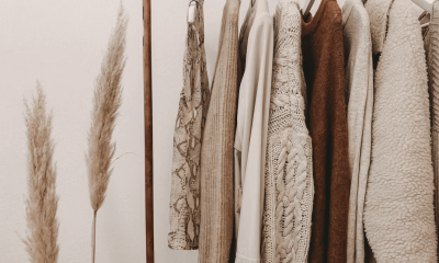 Rack of winter fashion clothes hanging on a