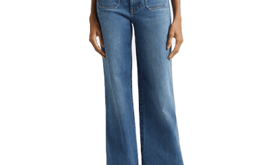 wide leg blue jeans with patch pockets