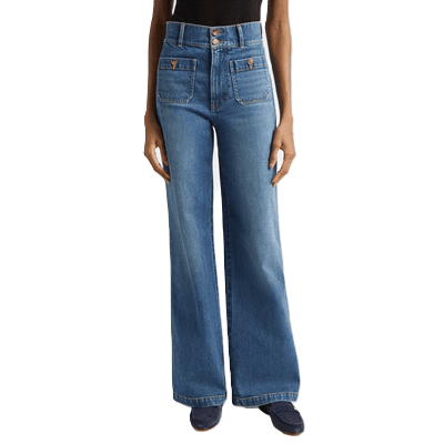 wide leg blue jeans with patch pockets